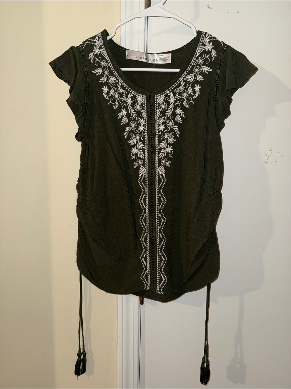 Embroidered Olive Green Short-Sleeve Tunic with Side Ties